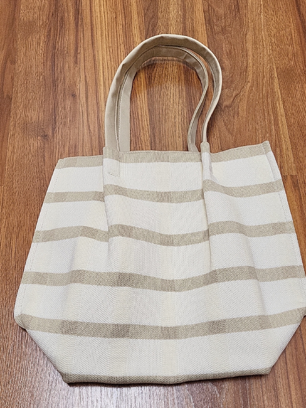 Neiman Marcus Cream & Beige Striped Canvas Tote
